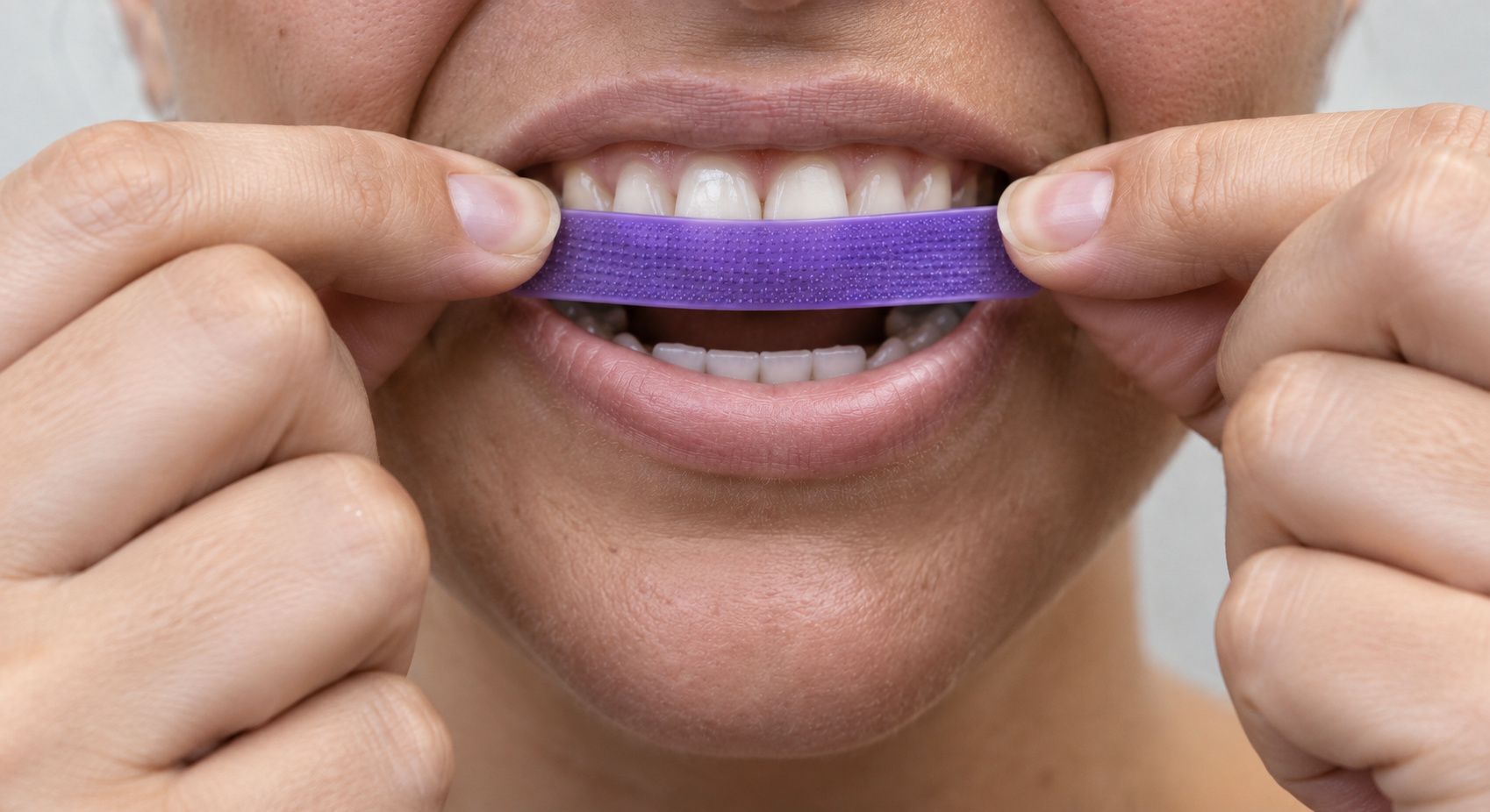 Närbild av person som applicerar lila whitening strip på tänderna